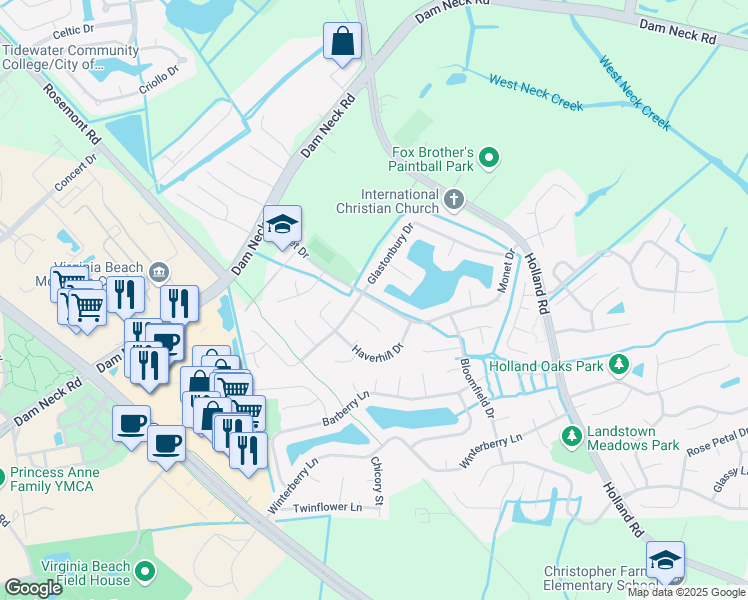map of restaurants, bars, coffee shops, grocery stores, and more near 3164 Monet Drive in Virginia Beach