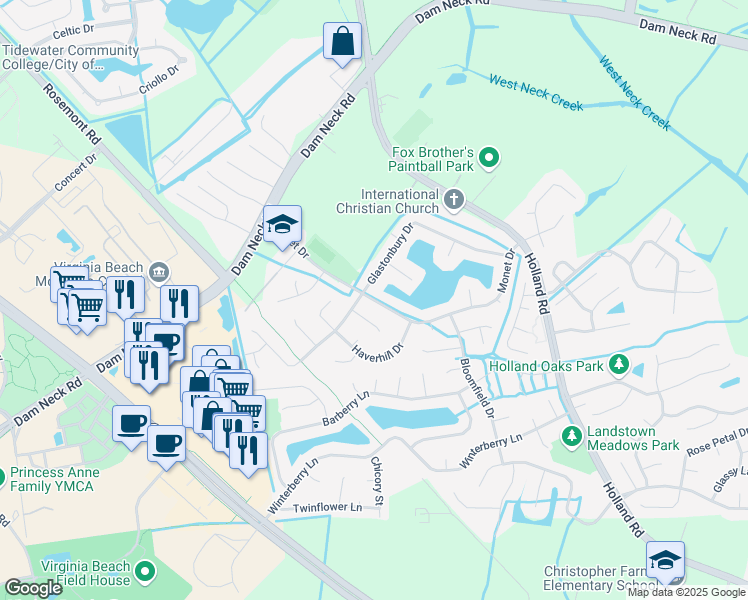 map of restaurants, bars, coffee shops, grocery stores, and more near Monet Drive in Virginia Beach