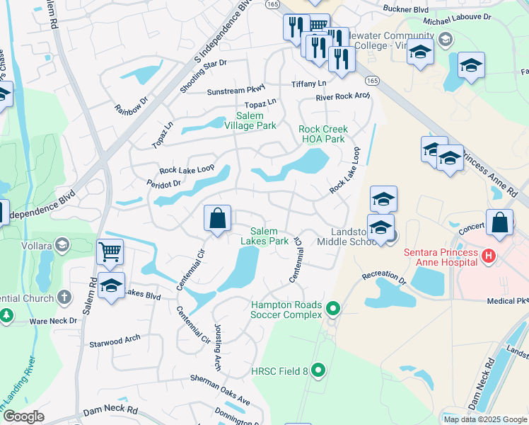 map of restaurants, bars, coffee shops, grocery stores, and more near 2225 Speckled Rock Lane in Virginia Beach