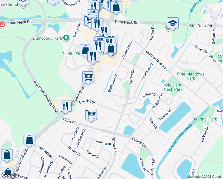 map of restaurants, bars, coffee shops, grocery stores, and more near 1201 Madras Court in Virginia Beach