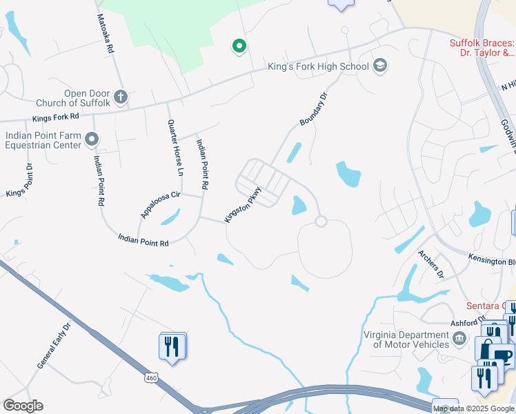 map of restaurants, bars, coffee shops, grocery stores, and more near 2064 Queens Point Drive in Suffolk