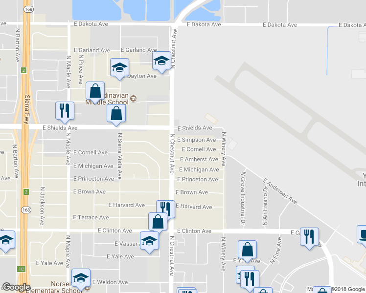 map of restaurants, bars, coffee shops, grocery stores, and more near 4817 East Cornell Avenue in Fresno
