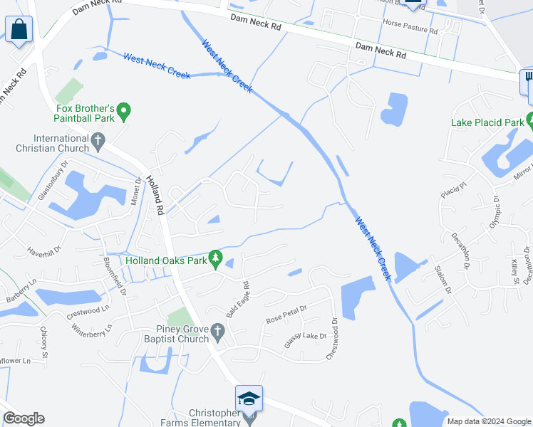 map of restaurants, bars, coffee shops, grocery stores, and more near 2845 Saville Garden Way in Virginia Beach