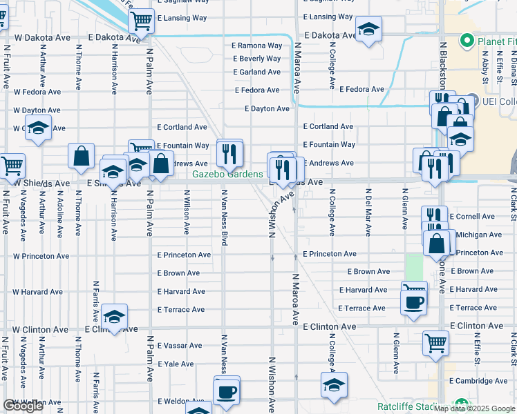 map of restaurants, bars, coffee shops, grocery stores, and more near 740 East Simpson Avenue in Fresno