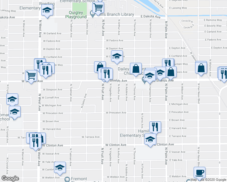 map of restaurants, bars, coffee shops, grocery stores, and more near 3107 North Arthur Avenue in Fresno
