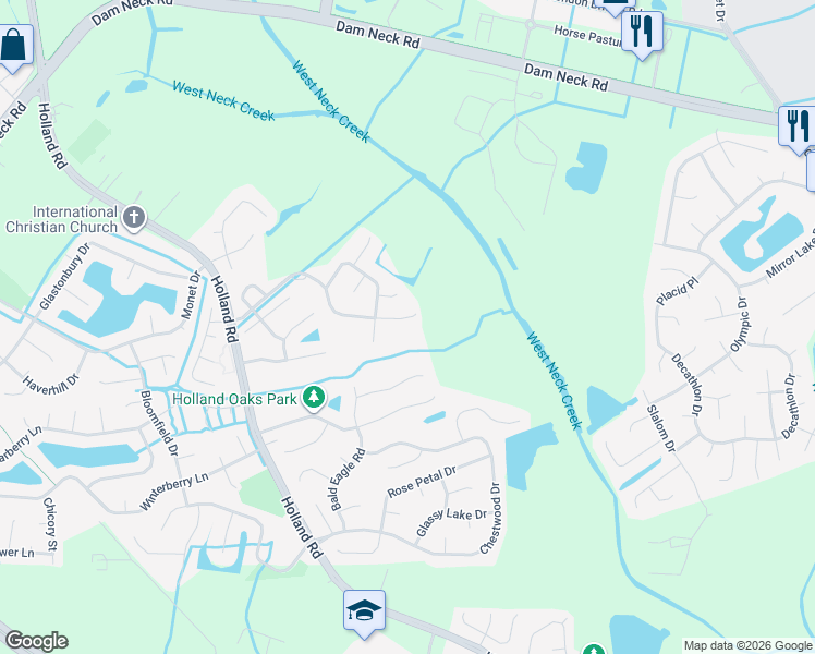 map of restaurants, bars, coffee shops, grocery stores, and more near 2824 Saville Garden Way in Virginia Beach