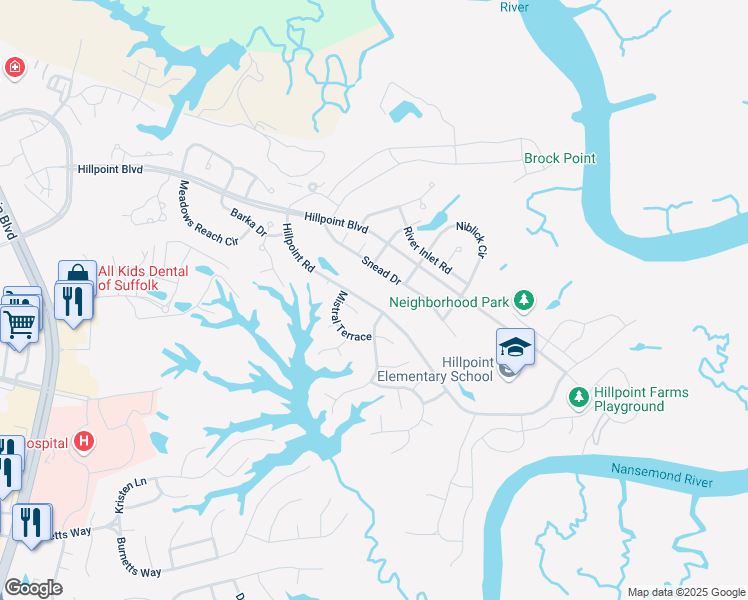 map of restaurants, bars, coffee shops, grocery stores, and more near 1015 Hillpoint Road in Suffolk