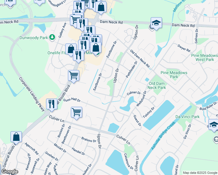 map of restaurants, bars, coffee shops, grocery stores, and more near 1232 Madras Court in Virginia Beach