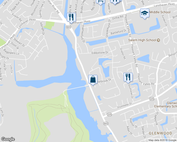 map of restaurants, bars, coffee shops, grocery stores, and more near 2112 Lyndora Road in Virginia Beach