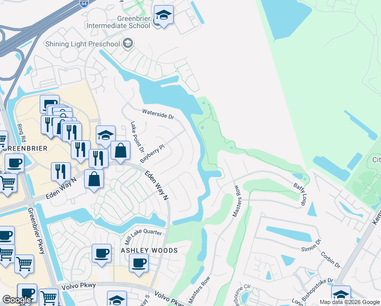 map of restaurants, bars, coffee shops, grocery stores, and more near 1448 Woodside Court in Chesapeake