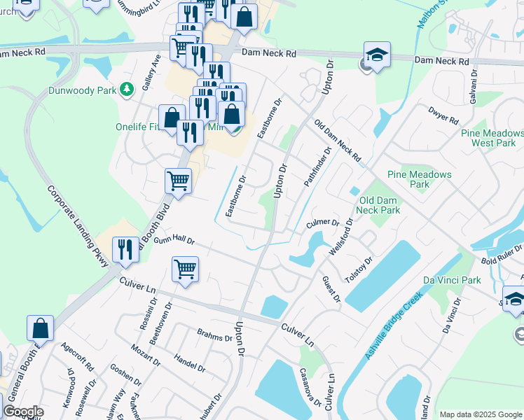 map of restaurants, bars, coffee shops, grocery stores, and more near 1232 Madras Court in Virginia Beach