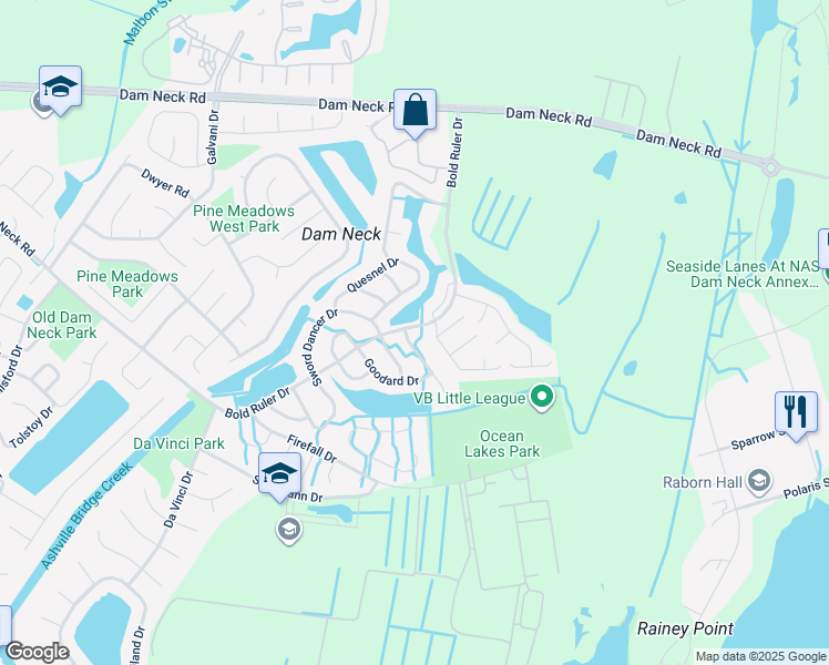 map of restaurants, bars, coffee shops, grocery stores, and more near 1704 Unicorn Drive in Virginia Beach