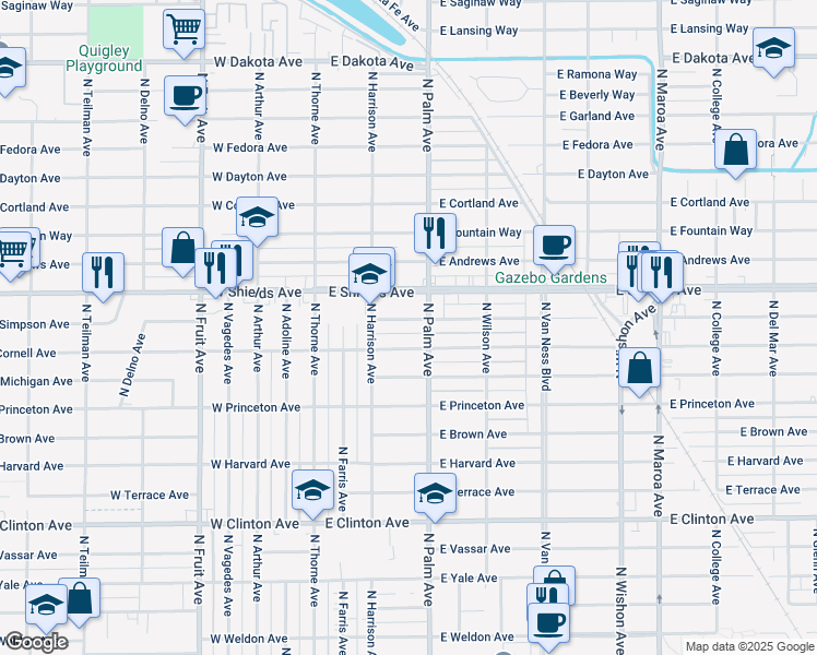 map of restaurants, bars, coffee shops, grocery stores, and more near 216 East Simpson Avenue in Fresno
