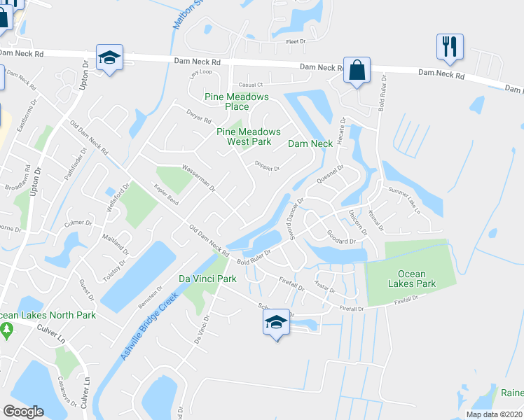 map of restaurants, bars, coffee shops, grocery stores, and more near 733 Daimler Drive in Virginia Beach