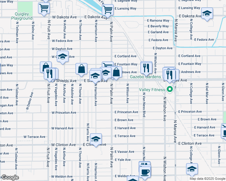 map of restaurants, bars, coffee shops, grocery stores, and more near 304 East Simpson Avenue in Fresno