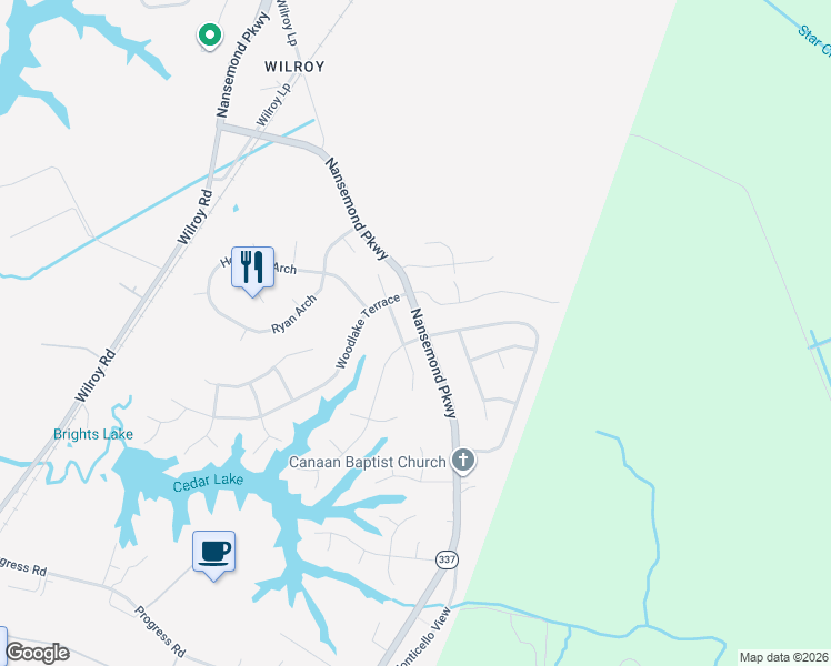 map of restaurants, bars, coffee shops, grocery stores, and more near 2092 Nansemond Parkway in Suffolk