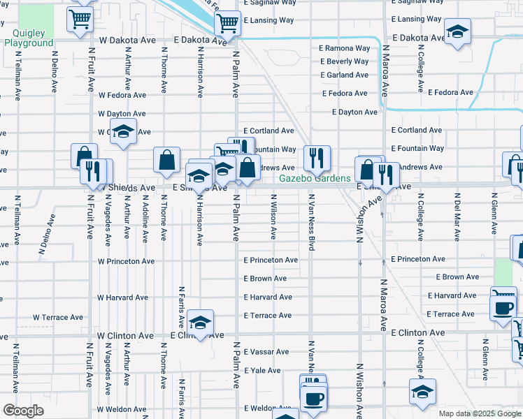 map of restaurants, bars, coffee shops, grocery stores, and more near 455 East Simpson Avenue in Fresno