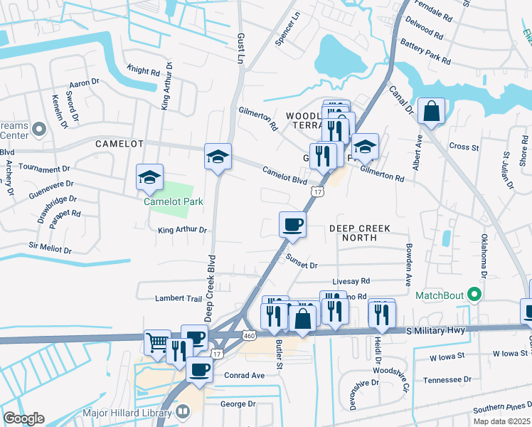 map of restaurants, bars, coffee shops, grocery stores, and more near 2637 Powell Circle in Chesapeake