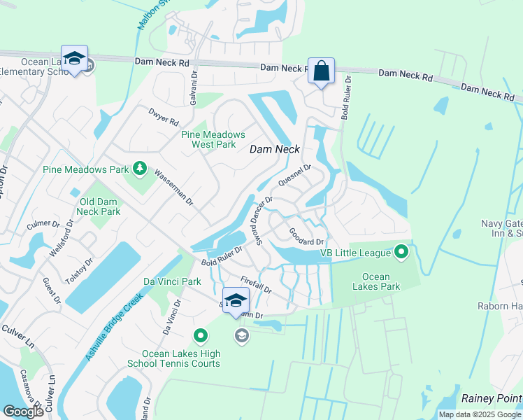 map of restaurants, bars, coffee shops, grocery stores, and more near 1616 Sword Dancer Drive in Virginia Beach
