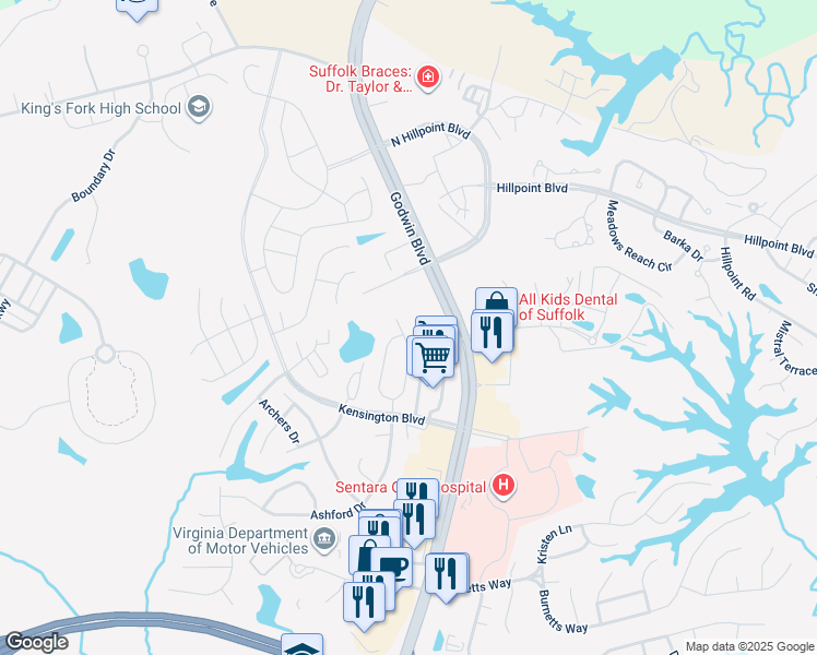 map of restaurants, bars, coffee shops, grocery stores, and more near 188 Wexford Drive East in Suffolk