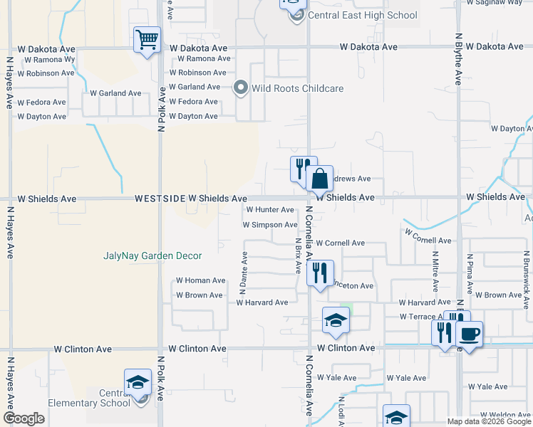 map of restaurants, bars, coffee shops, grocery stores, and more near 5145 West Hunter Avenue in Fresno
