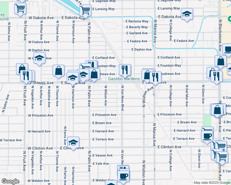 map of restaurants, bars, coffee shops, grocery stores, and more near 550 East Simpson Avenue in Fresno