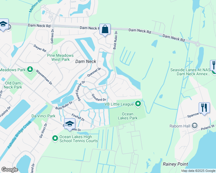 map of restaurants, bars, coffee shops, grocery stores, and more near 1701 Kitimal Drive in Virginia Beach