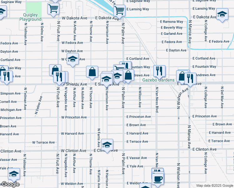 map of restaurants, bars, coffee shops, grocery stores, and more near 216 East Simpson Avenue in Fresno