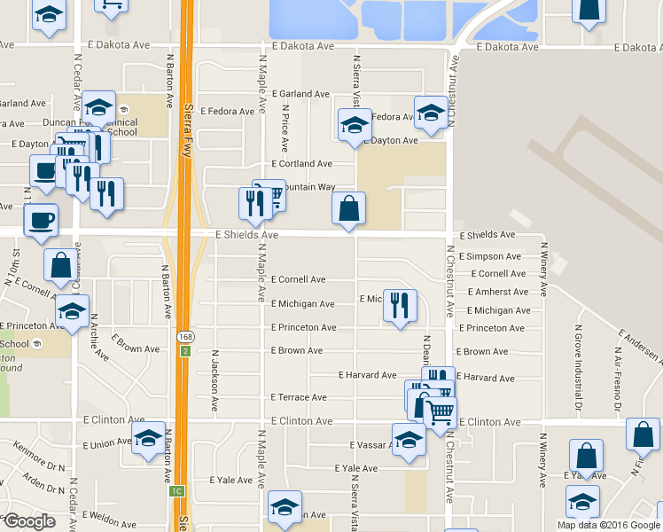 map of restaurants, bars, coffee shops, grocery stores, and more near 3051 North Sierra Vista Avenue in Fresno