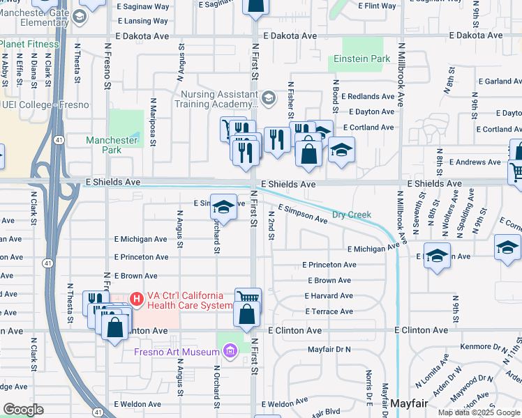 map of restaurants, bars, coffee shops, grocery stores, and more near in Fresno