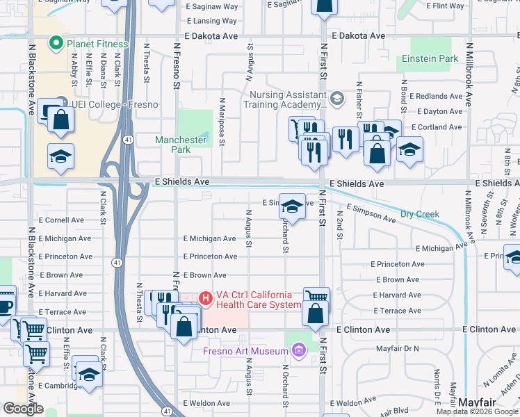 map of restaurants, bars, coffee shops, grocery stores, and more near 2922 East Simpson Avenue in Fresno