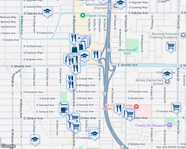 map of restaurants, bars, coffee shops, grocery stores, and more near 2010 East Simpson Avenue in Fresno