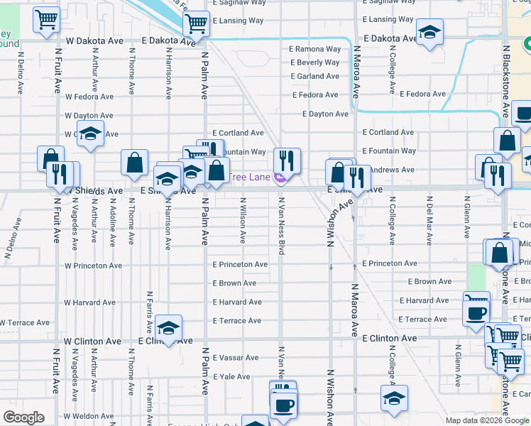 map of restaurants, bars, coffee shops, grocery stores, and more near 550 East Simpson Avenue in Fresno