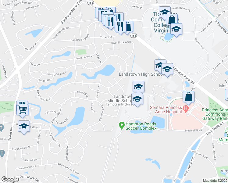 map of restaurants, bars, coffee shops, grocery stores, and more near 2169 Rock Lake Loop in Virginia Beach
