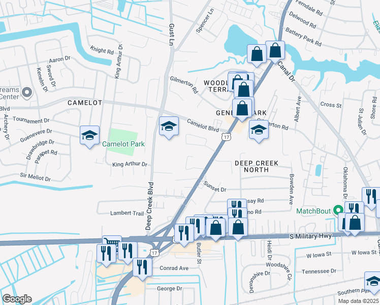map of restaurants, bars, coffee shops, grocery stores, and more near 2637 Powell Circle in Chesapeake