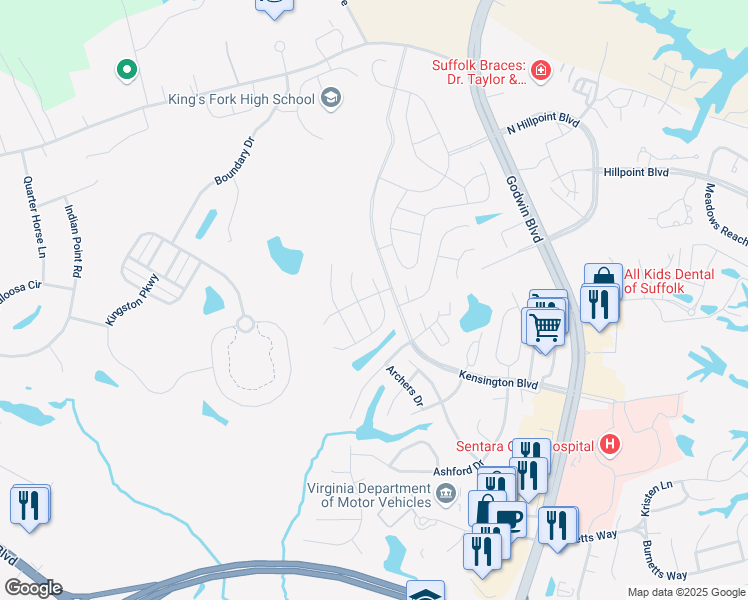 map of restaurants, bars, coffee shops, grocery stores, and more near 201 Friar Court in Suffolk