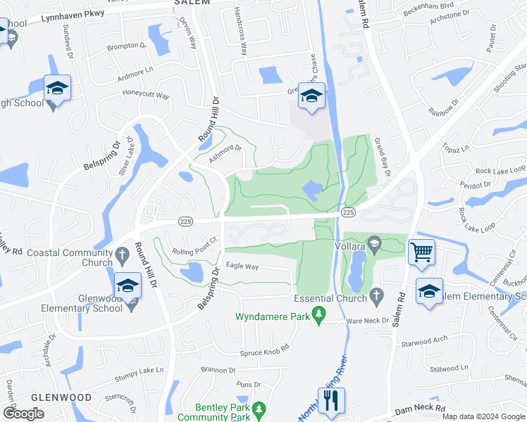 map of restaurants, bars, coffee shops, grocery stores, and more near 5101 Glenwood Way in Virginia Beach
