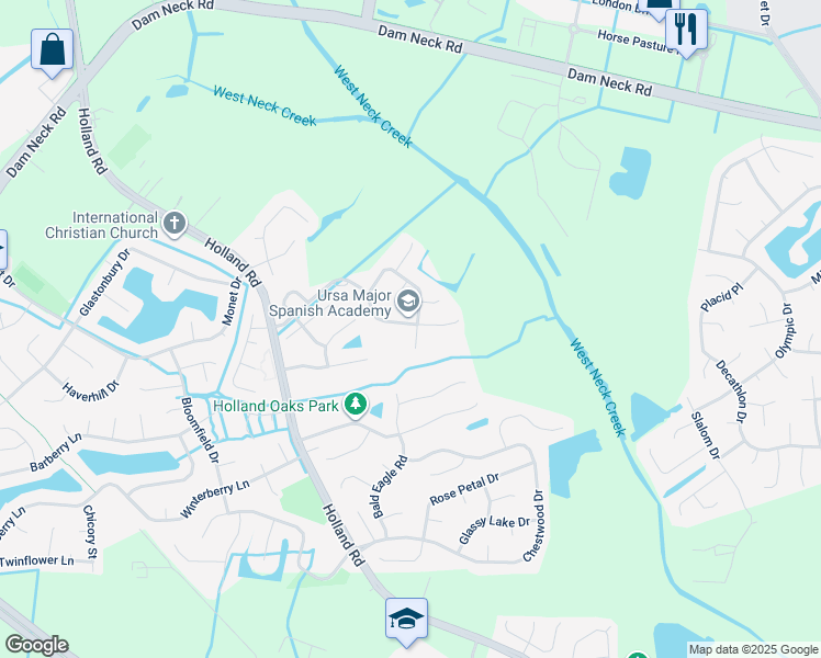 map of restaurants, bars, coffee shops, grocery stores, and more near 2881 Saville Garden Way in Virginia Beach