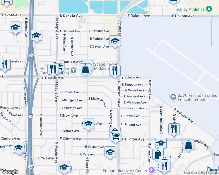 map of restaurants, bars, coffee shops, grocery stores, and more near 4771 East Simpson Avenue in Fresno