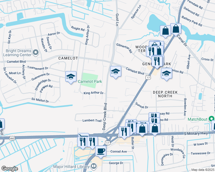map of restaurants, bars, coffee shops, grocery stores, and more near 1005 Deep Creek Boulevard in Chesapeake