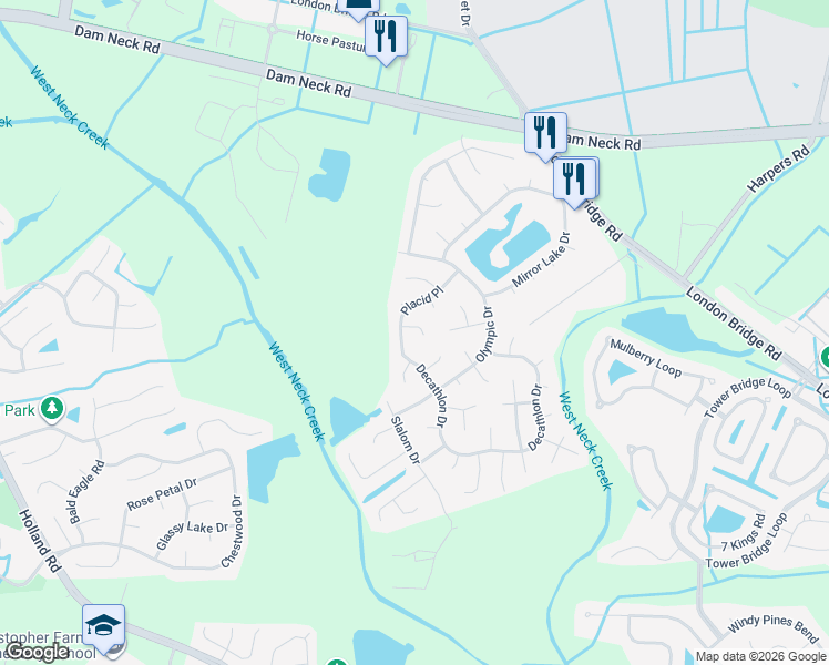map of restaurants, bars, coffee shops, grocery stores, and more near 1805 Cascade Court in Virginia Beach