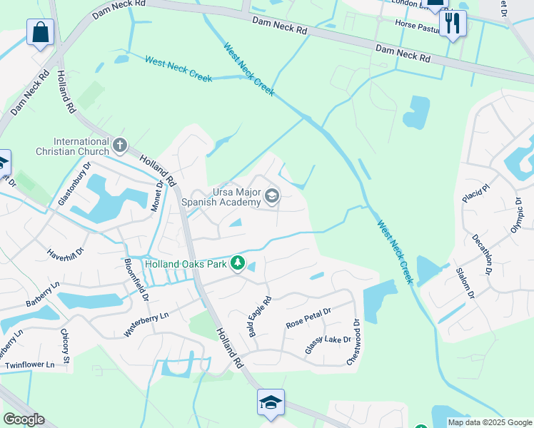 map of restaurants, bars, coffee shops, grocery stores, and more near 2905 Saville Garden Way in Virginia Beach