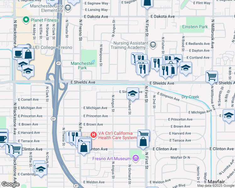 map of restaurants, bars, coffee shops, grocery stores, and more near 2922 East Simpson Avenue in Fresno