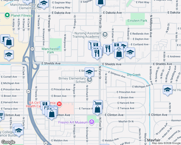 map of restaurants, bars, coffee shops, grocery stores, and more near 3062 East Simpson Avenue in Fresno