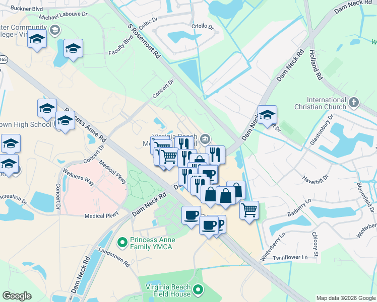 map of restaurants, bars, coffee shops, grocery stores, and more near 3428 Landstown Court in Virginia Beach