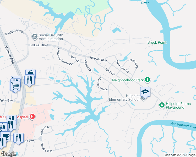 map of restaurants, bars, coffee shops, grocery stores, and more near 100 Mistral Terrace in Suffolk