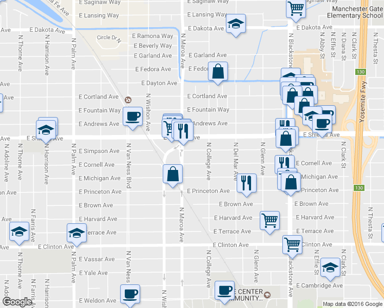 map of restaurants, bars, coffee shops, grocery stores, and more near 936 East Simpson Avenue in Fresno