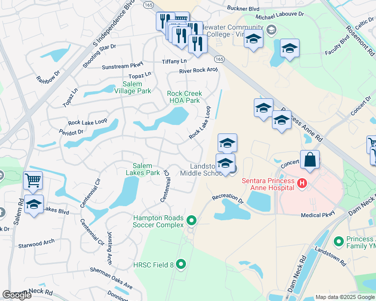 map of restaurants, bars, coffee shops, grocery stores, and more near 2220 Cinnabar Court in Virginia Beach
