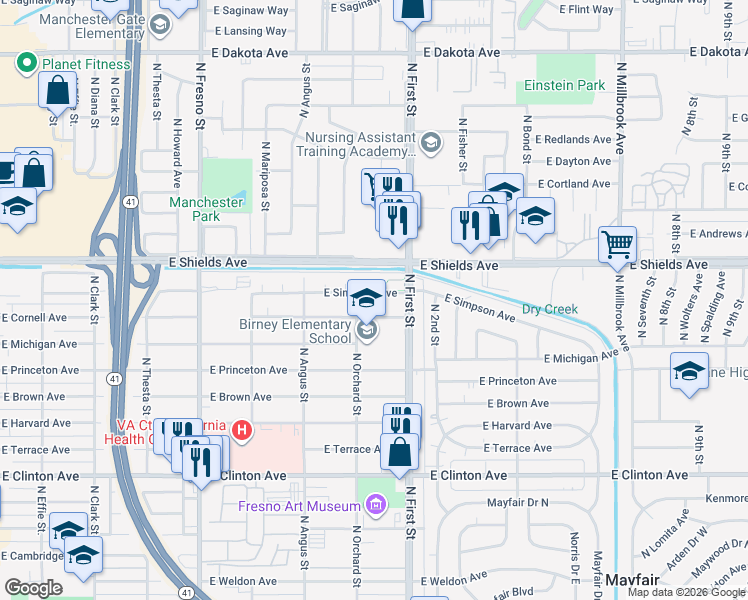 map of restaurants, bars, coffee shops, grocery stores, and more near 3062 East Simpson Avenue in Fresno