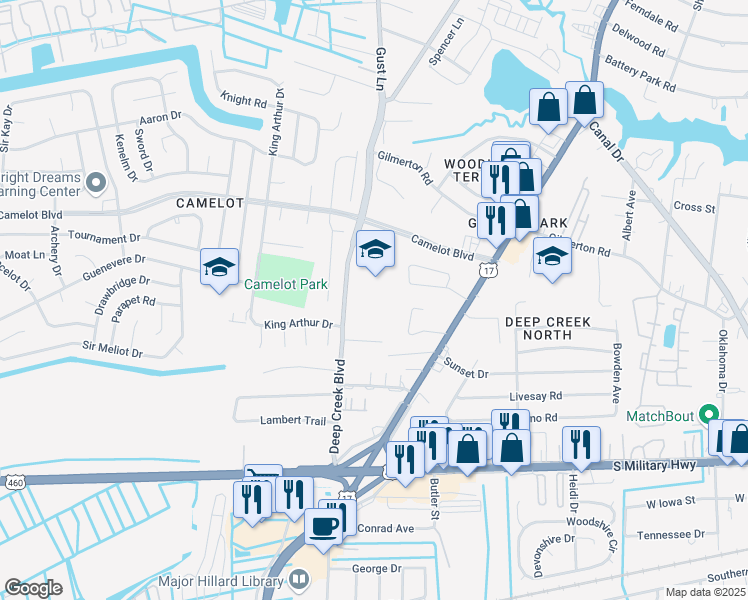 map of restaurants, bars, coffee shops, grocery stores, and more near 1005 Deep Creek Boulevard in Chesapeake